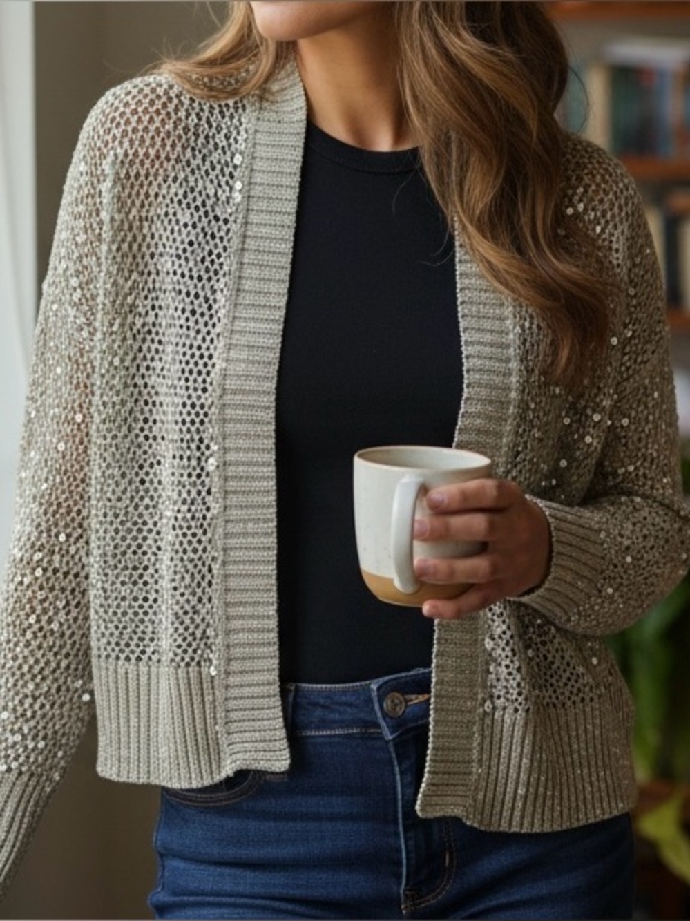 White House Black Market Open-Knit Light Gold Cardigan
